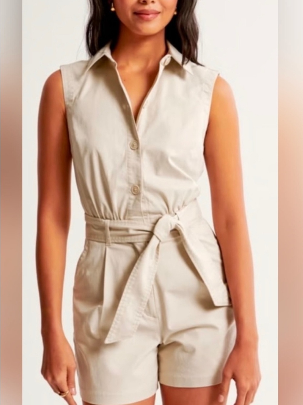 Abercrombie Sleeveless Button-Front Tie-Waist Romper in Light Beige